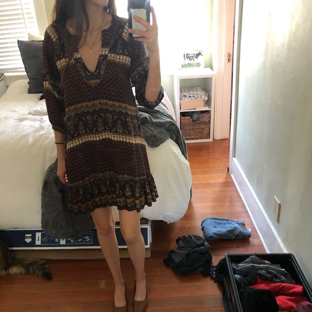 Barely worn brown, red, yellow, green dress XS